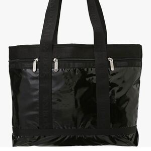 Le Sportsac Extra Large XL Travel Tote Weekend Bag Nylon Black Patent Look EUC